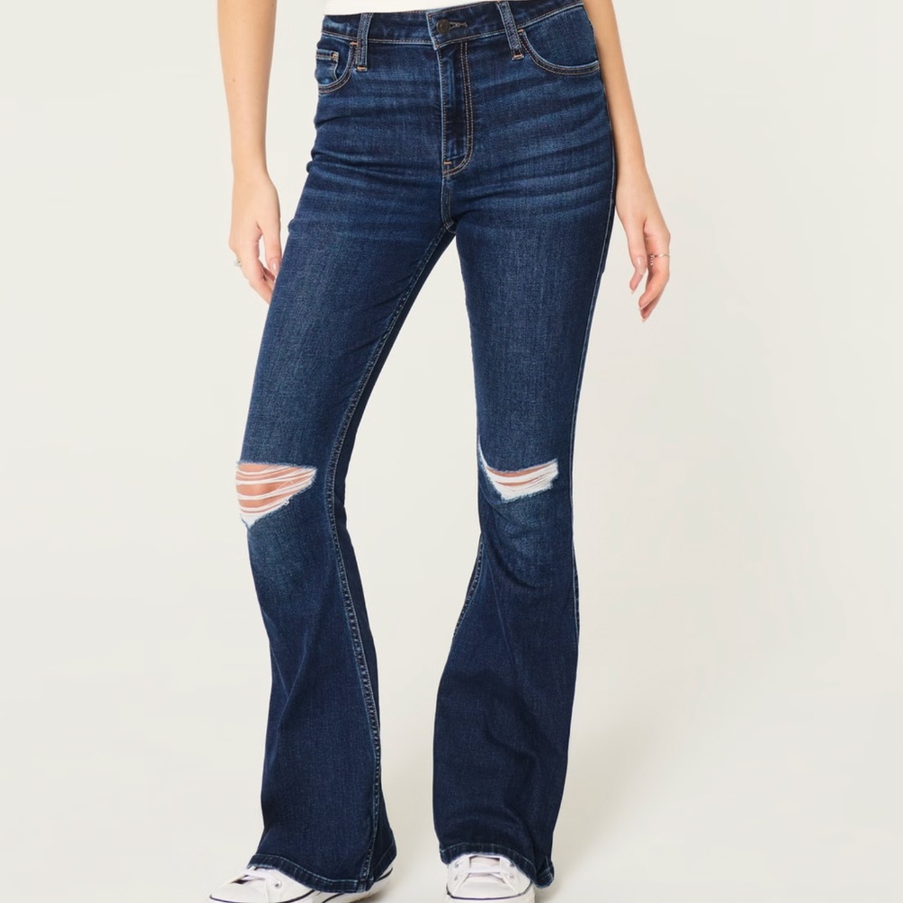 Hollister High Rise Ripped Dark Wash Flare Jeans Size 27